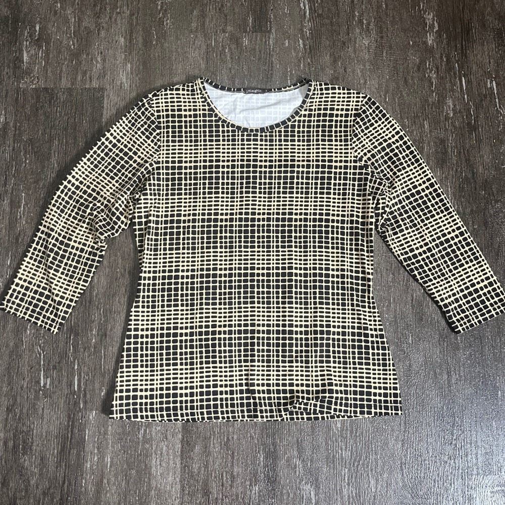 J.McLaughlin Women's Top Size S Beige Black Grid Print 3/4 Sleeve Blouse